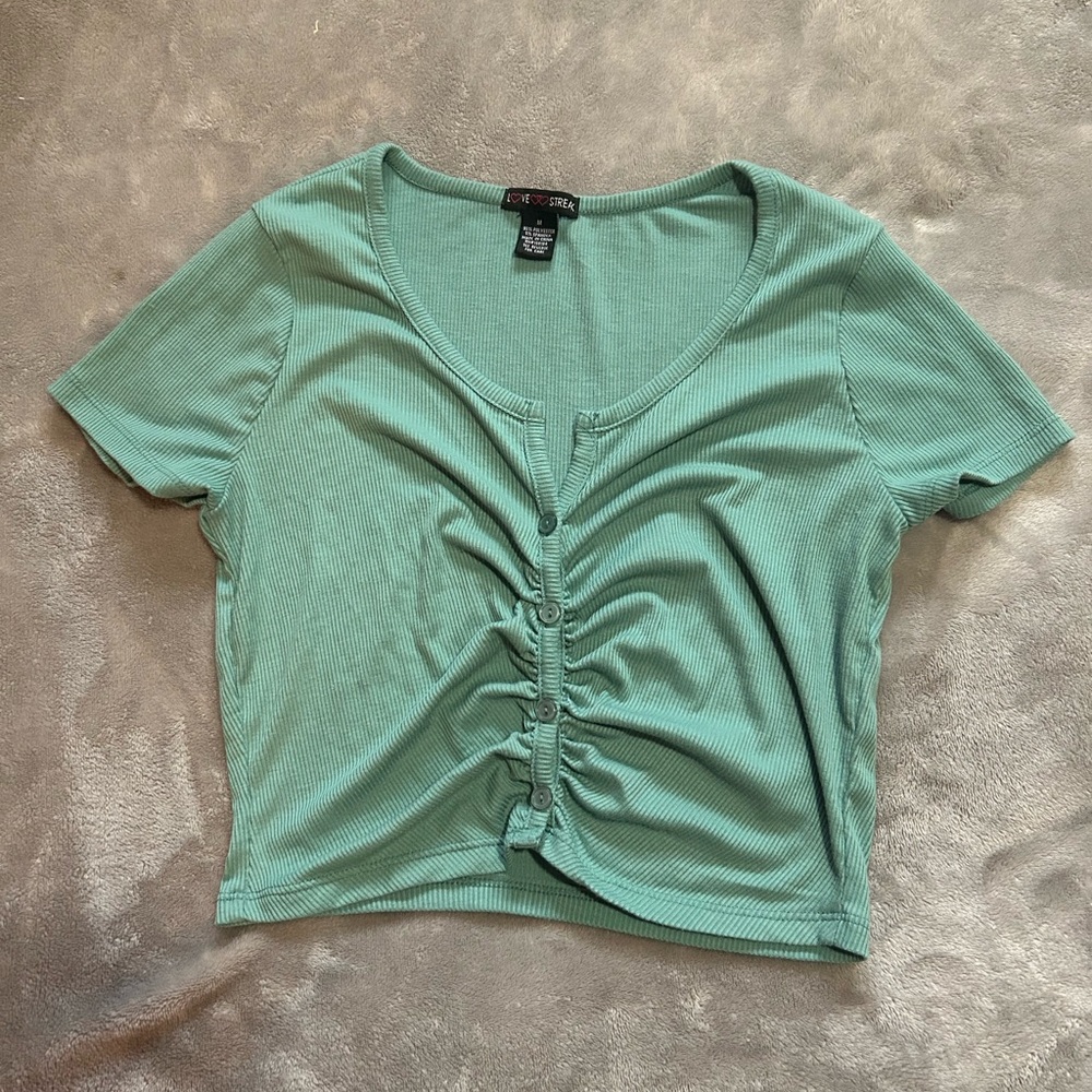 Green Ruched Button-Up Top